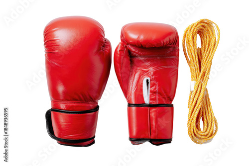 Boxer's Arsenal: A dynamic still life showcases the essence of boxing, featuring a pair of vibrant red boxing gloves and a coiled jump rope, capturing the spirit of fitness and combat.