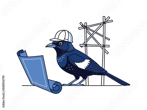 A clever bird wearing a hard hat studies blueprints next to a construction scaffold.