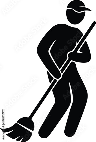 Vector cleaner person with broom cleaning silhouette illustration
