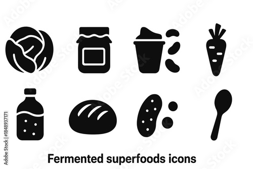 Fermented superfoods solid icon set. Healthy, probiotic icons solid collection