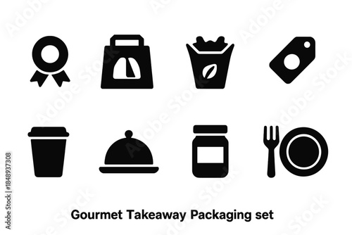 Gourmet takeaway packaging solid icon set for restaurants and cafes