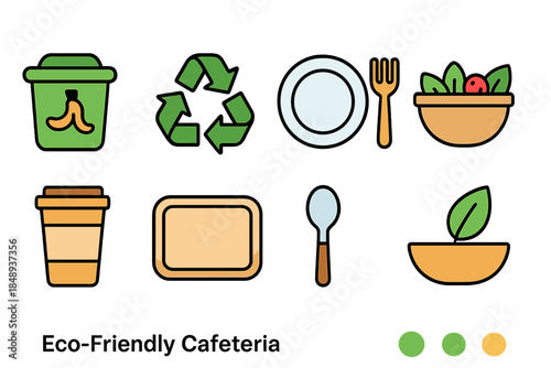Eco-friendly cafeteria flat icon set. Sustainable dining, green utensils illustrations.