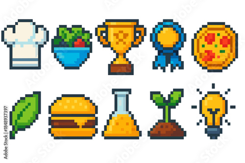 Food and cooking pixel icon set. Culinary, kitchen, recipe symbols in pixel art