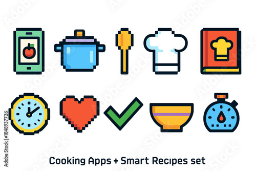 Cooking and recipes flat icon set. Kitchen tools and mobile apps icon collection