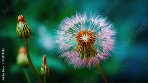 Dandelion transformation with vibrant details blurred green background