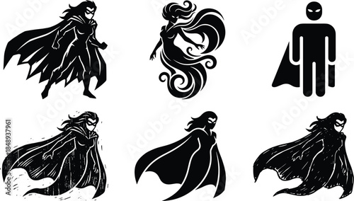Superhero, Silhouette, Woman, Vector, Set, Female, Hero, Cape, Power, Comic, Illustration, Design