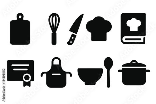 Cooking and kitchen silhouette icon set: culinary tools and utensils collection