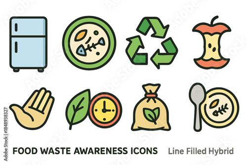 Food waste awareness icon set. Recycling and sustainability in line filled style.