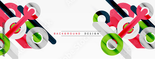 Abstract geometric shapes overlap, creating dynamic visual effect. Red, green, blue elements dominate white space. Modern design.