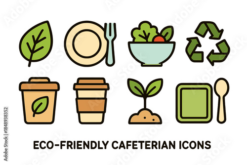 Eco-friendly cafeteria icon set. Sustainable, flat style, recycling, food symbols.