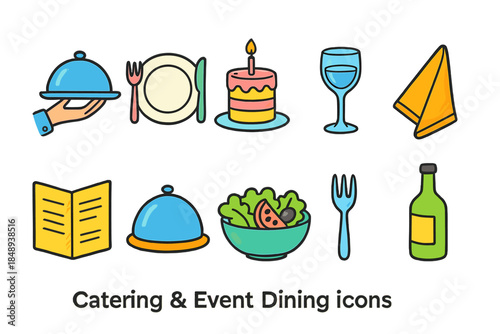 Catering and dining icon set. Event, food, party, meal, table, flat icons collection