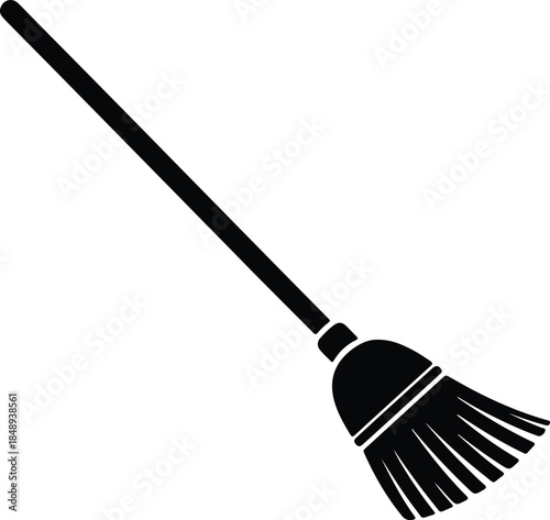 Vector simple black broom silhouette illustration on white background