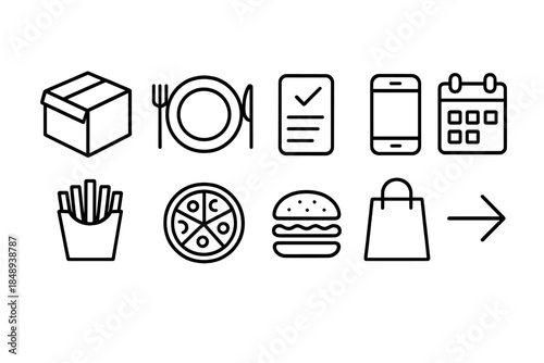 Food and shopping outline icon set: dining, mobile, retail icons in line style