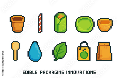 Edible packaging pixel icon set: eco-friendly and innovative pixel art icons