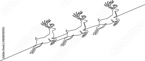 Running Reindeer Line Art Vector Illustration Showing Flying Deer in Motion Outline Style for Christmas Decorations, Holiday Cards, Winter Designs, and Festive Graphic Projects