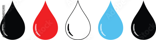 Liquid Drop Icon Vector Set Featuring Water, Oil, Ink, and Color Droplets in Solid and Outline Styles for Fluid, Ecology, and Graphic Design Projects