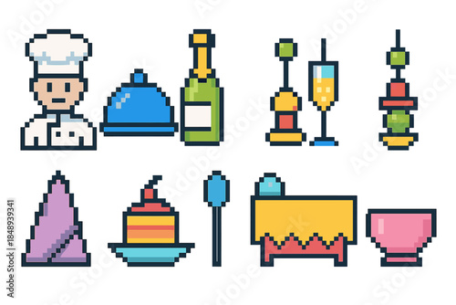 Culinary and dining pixel icon set for kitchen menu, cooking, and restaurant decor