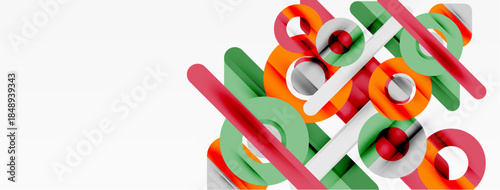 Abstract geometric shapes intersect. Red, green, orange, white cylinders create dynamic composition. Minimalist design, clean lines, modern aesthetic.
