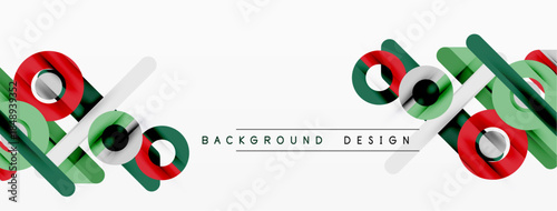 Abstract geometric shapes overlap, creating dynamic visual effect. Green, red, gray elements on white backdrop. Minimalist design.