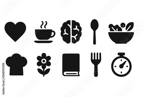 Health and wellness solid icon set. Nutrition, fitness, mindfulness icons collection