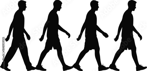 Walking man silhouette sequence illustration, black side view male movement vector set for animation frames, pedestrian concept, lifestyle motion design