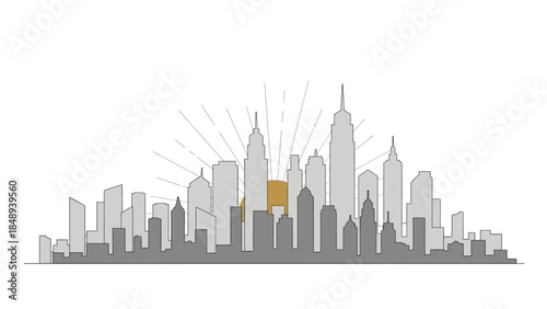 Modern city skyline with skyscrapers at sunrise or sunset