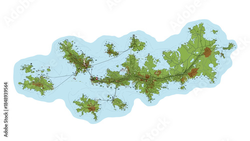 Detailed topographic map of an archipelago with islands and waterways
