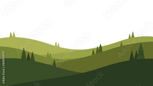 Serene green hills with pine trees on horizon landscape