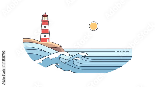 Vibrant lighthouse standing tall on rugged coastline by serene sea