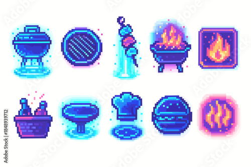 Barbecue and picnic icon set. Glowing pixel art icons for summer and grilling.