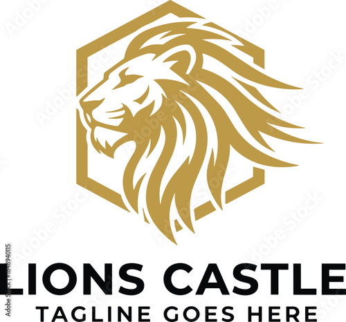 Golden lion head profile logo enclosed in a hexagon frame for lions castle brand identity with professional typography design