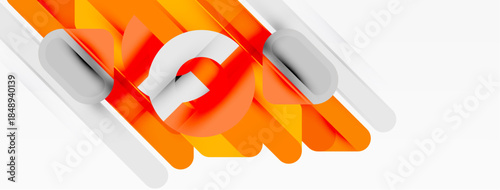 Abstract design features orange, white shapes. Dynamic composition suggests movement, modern aesthetic. Clean lines, geometric forms dominate visual space.