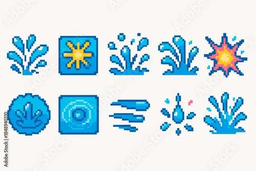 Water splash pixel icon set. Bright blue pixel splash illustrations collection