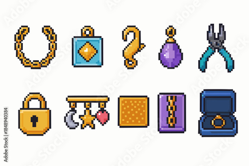 Jewelry craft pixel icon set. Crafting, accessories, pixel art outline icons collection