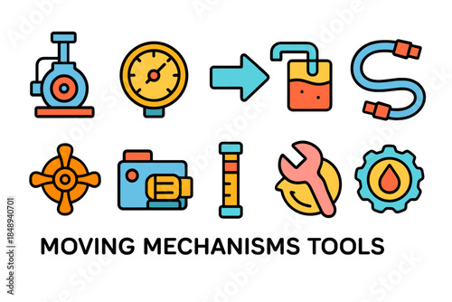 Mechanisms tools outline icon set. Engineering, tools, mechanics icon collection