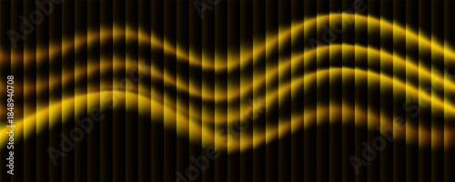 Abstract digital background featuring a dynamic, undulating wave pattern composed of vertical orange and yellow glowing light bars set against a stark black