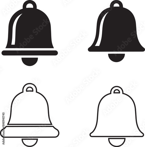 Notification Bell Icons Set – Alert, Mute and Ring Symbols in Black and White