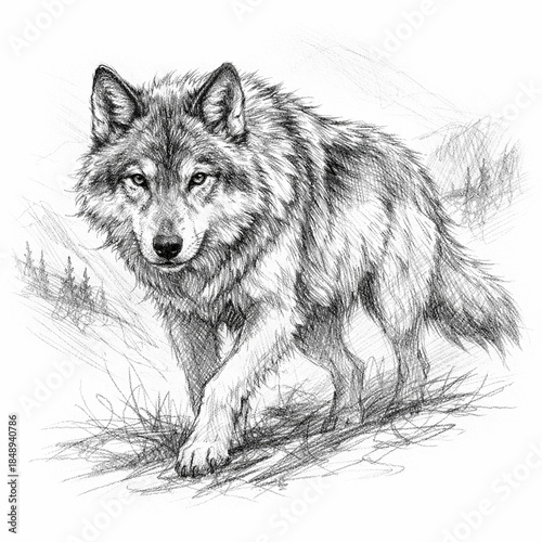 Detailed Pencil Sketch of a Wild Wolf in Natural Pose