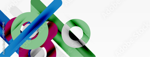 Abstract geometric shapes overlap, creating dynamic composition. Colors include blue, green, purple, white. Minimalist design, modern aesthetic.