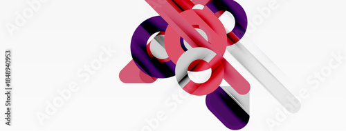 Abstract shapes intersect, creating dynamic composition. Purple, pink, white hues dominate minimalist design. Clean lines suggest movement.