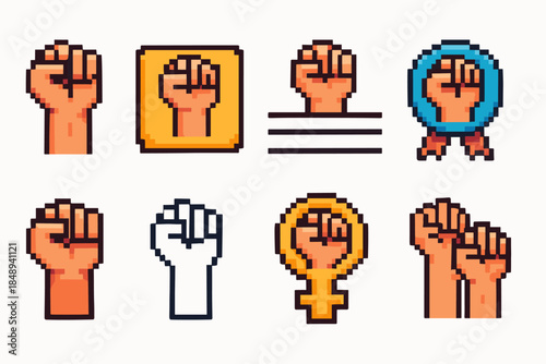 Protest, revolution pixel icon set. Activism, fist, feminism icons in 3d style