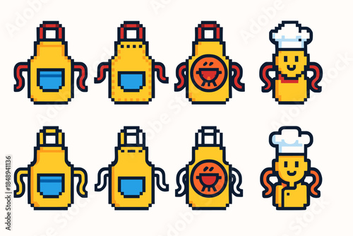 Cooking, kitchen pixel icon set. Aprons, chef, bbq, restaurant icons collection