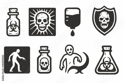 Biohazard, skull outline icon set. Hazard, warning signs outline collection