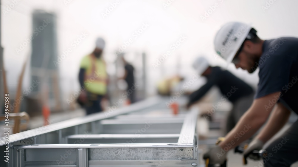 Fototapeta premium Construction workers in hard hats are assembling metal framework on a building site, showcasing teamwork and dedication to structural development and safety in construction