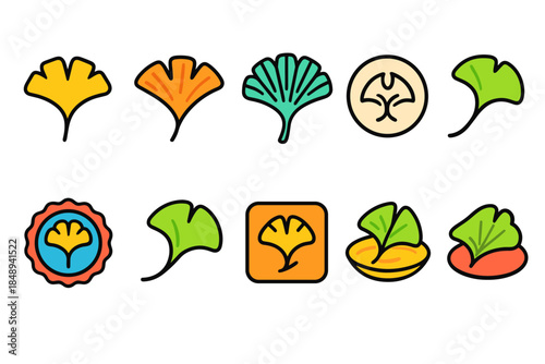 Nature, ginkgo leaf flat icon set. Botanical, plant symbols flat collection