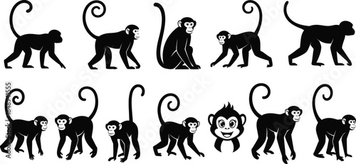 Monkey silhouette and cartoon character collection with multiple poses flat vector illustration set for wildlife and kids design