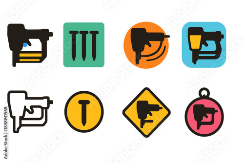 Construction, carpentry tools icon set. Nail gun and nail flat icons collection