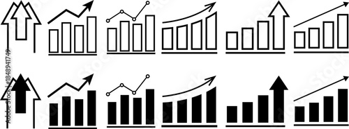 Growth icon set. Containing arrow up, growing graph, business chart icons. Vector illustration.