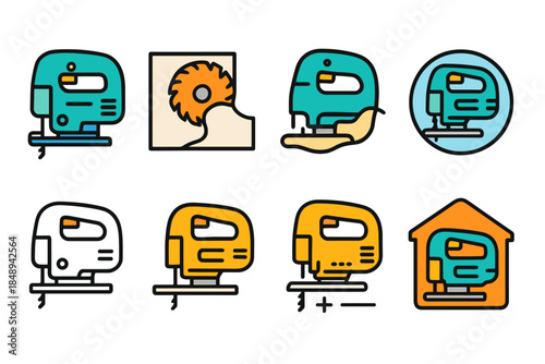 Carpentry tools icon set. Woodworking, jigsaw machines in flat style
