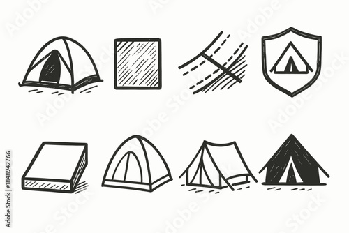 Camping and hiking outline icon set. Tents, maps, outdoor adventure symbols collection